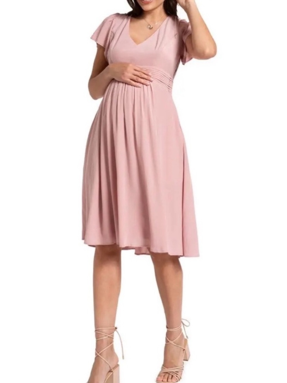Seraphine Maternity Nursing Dress Blush Pink Flutter Sleeve Empire Waist Pockets